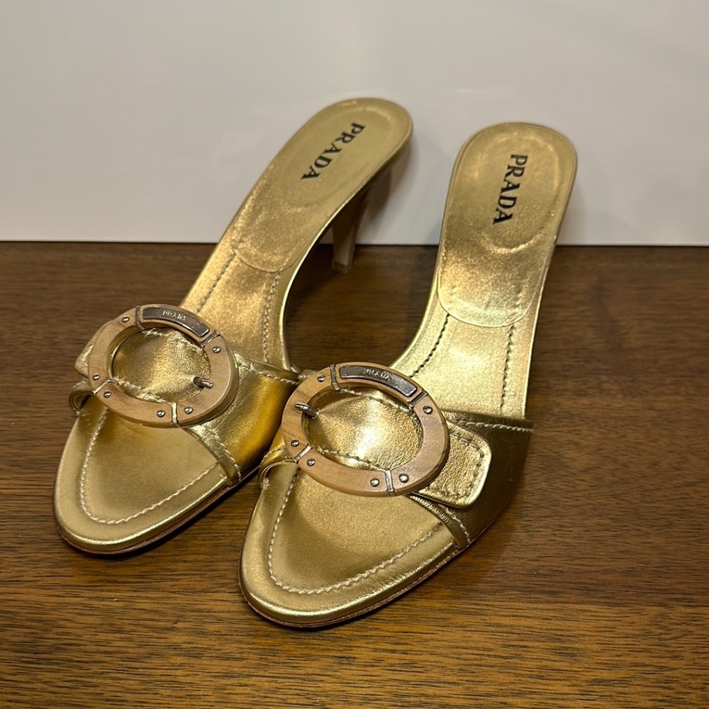 Authentic PRADA size 40 1/2 gold slide heels